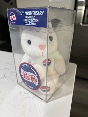 Pepsi-Cola 100th Anniversary Limited Edition White Bunny Bean Bear in Case. New.